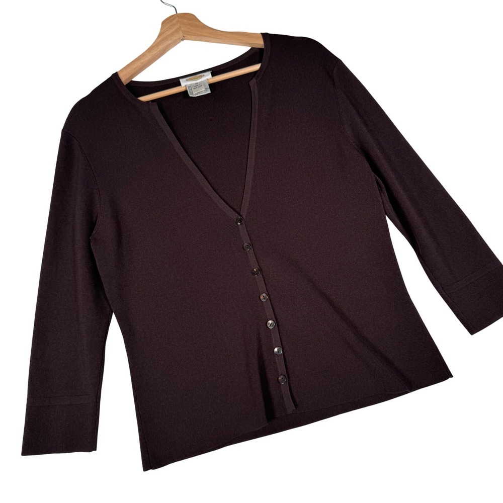 Vintage Talbots Womens Cardigan Sweater Medium Brown Ribbed V-Neck 3/4 Sleeve M